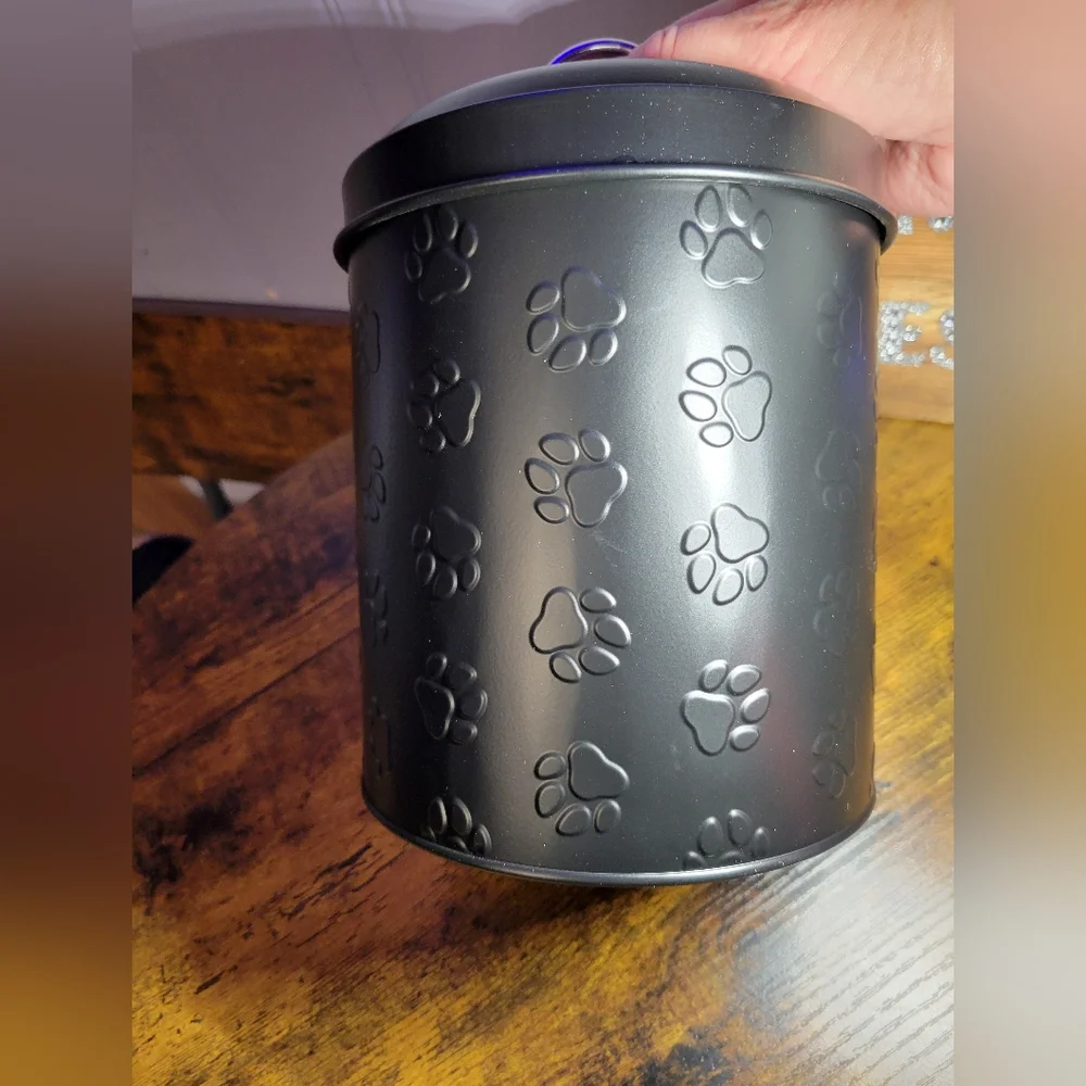 Amici Black metal Paw Print pet treat Storage Canister/lid-black